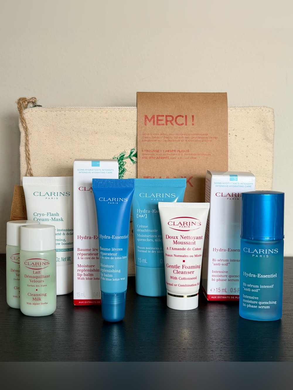 Clarins Women's Hydra-essential kit & travel size Skincare Set.